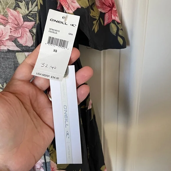 NWT O’Neill Dress Sz XS Cecilia Grey Pink Floral Wrap Around Cold Shoulder - Picture 5 of 9